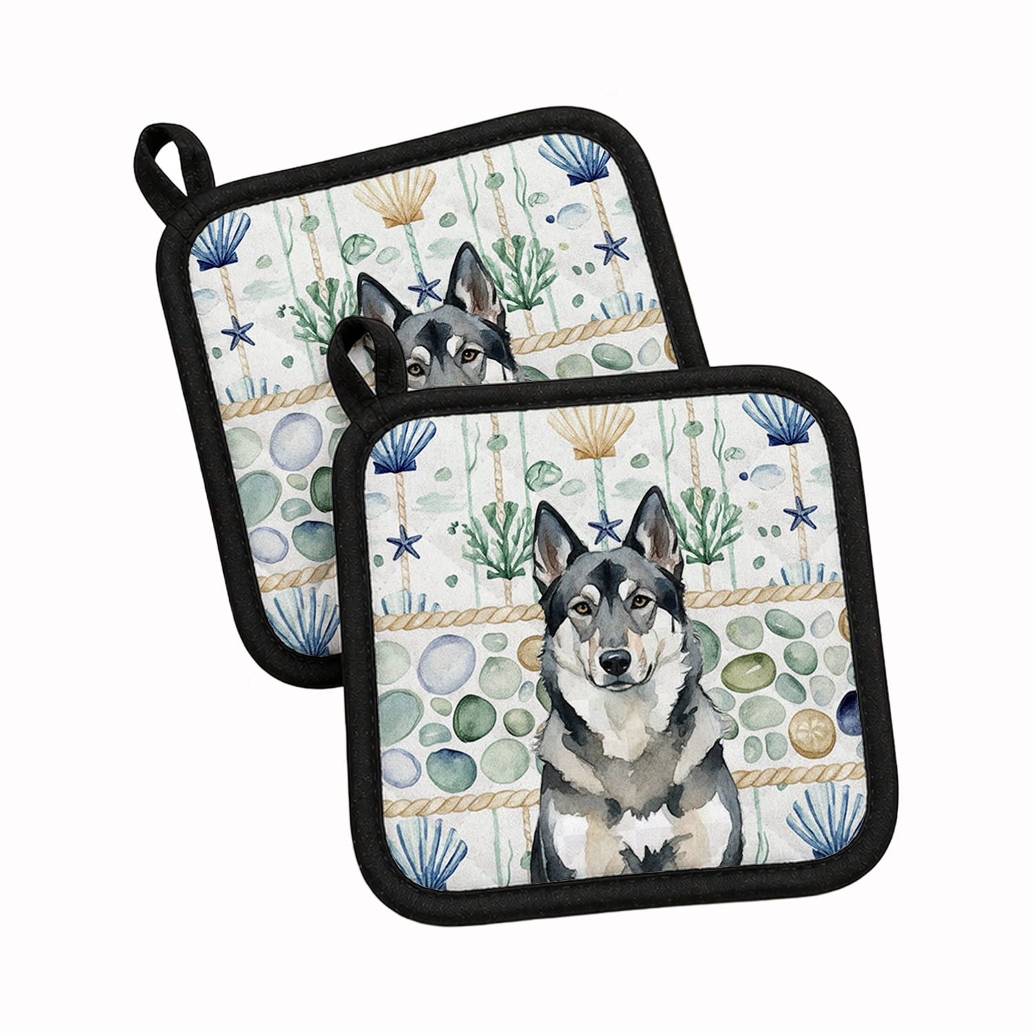 Norwegian Elkhound Coastal Sea Glass Pot Holder Set of 2 Heat Resistant Quilted Hot Pads 7.5 x 7.5 Inch, Insulated Kitchen Trivets for Cooking & Baking