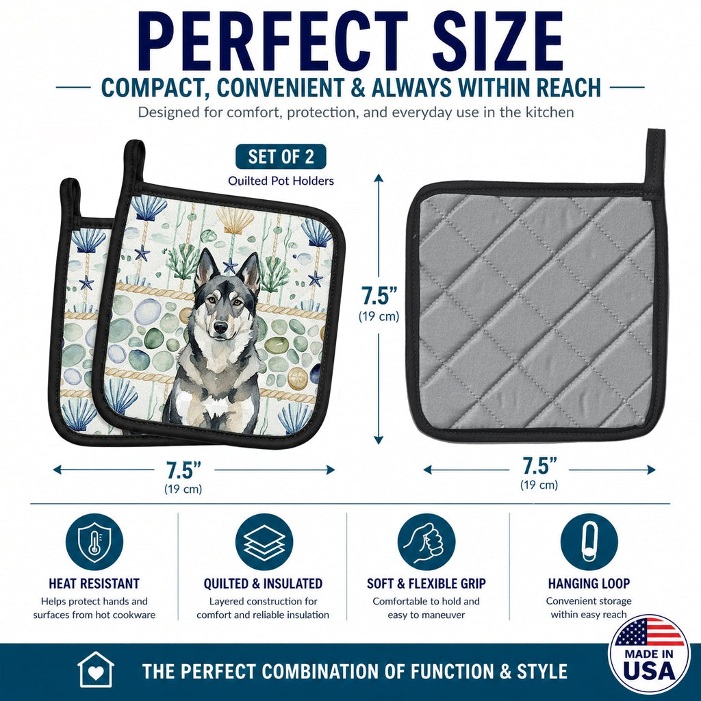Norwegian Elkhound Coastal Sea Glass Pot Holder Set of 2 Heat Resistant Quilted Hot Pads 7.5 x 7.5 Inch, Insulated Kitchen Trivets for Cooking & Baking