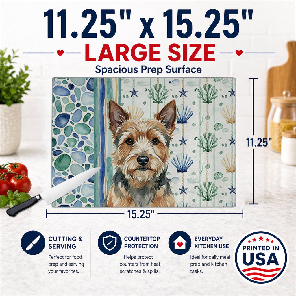Norwich Terrier Coastal Sea Glass Cutting Board Tempered Glass Kitchen Cutting Surface, Heat Resistant Chopping, Non-Slip Feet, Food Prep & Serving