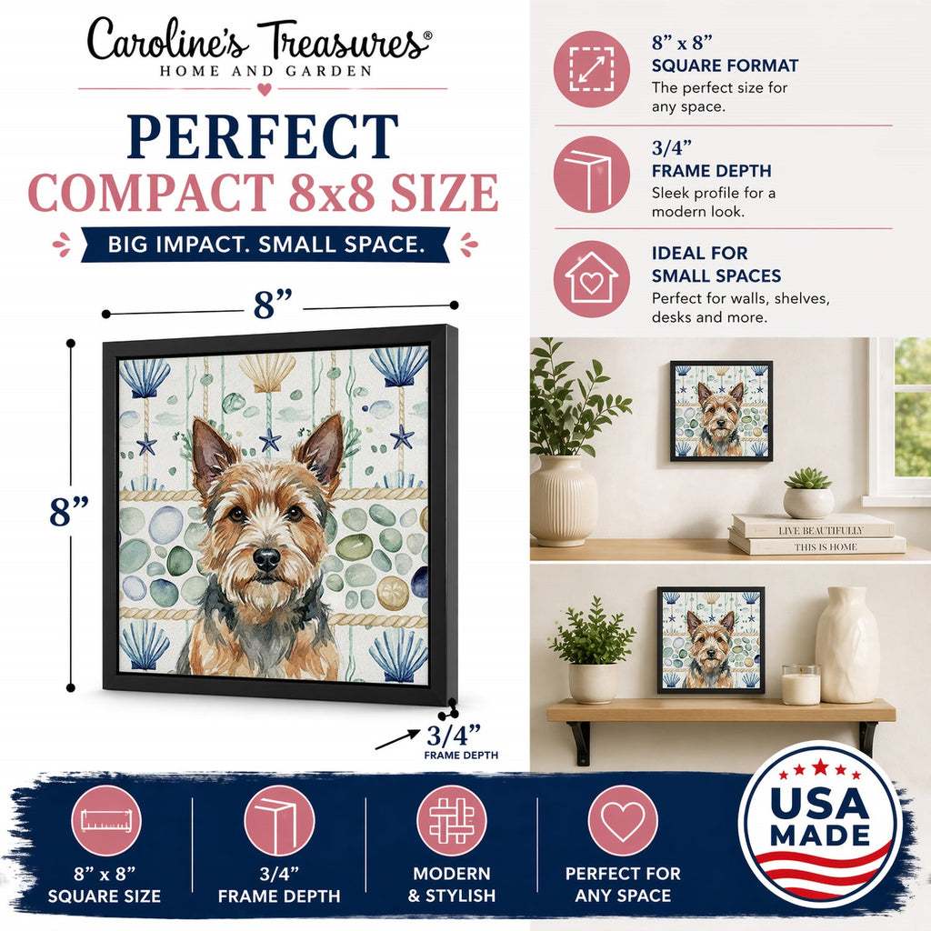 Norwich Terrier Coastal Sea Glass Framed Metal Print Bathroom, Kitchen, Office, Home Decor Wall Art Ready to Hang, Square, 8X8