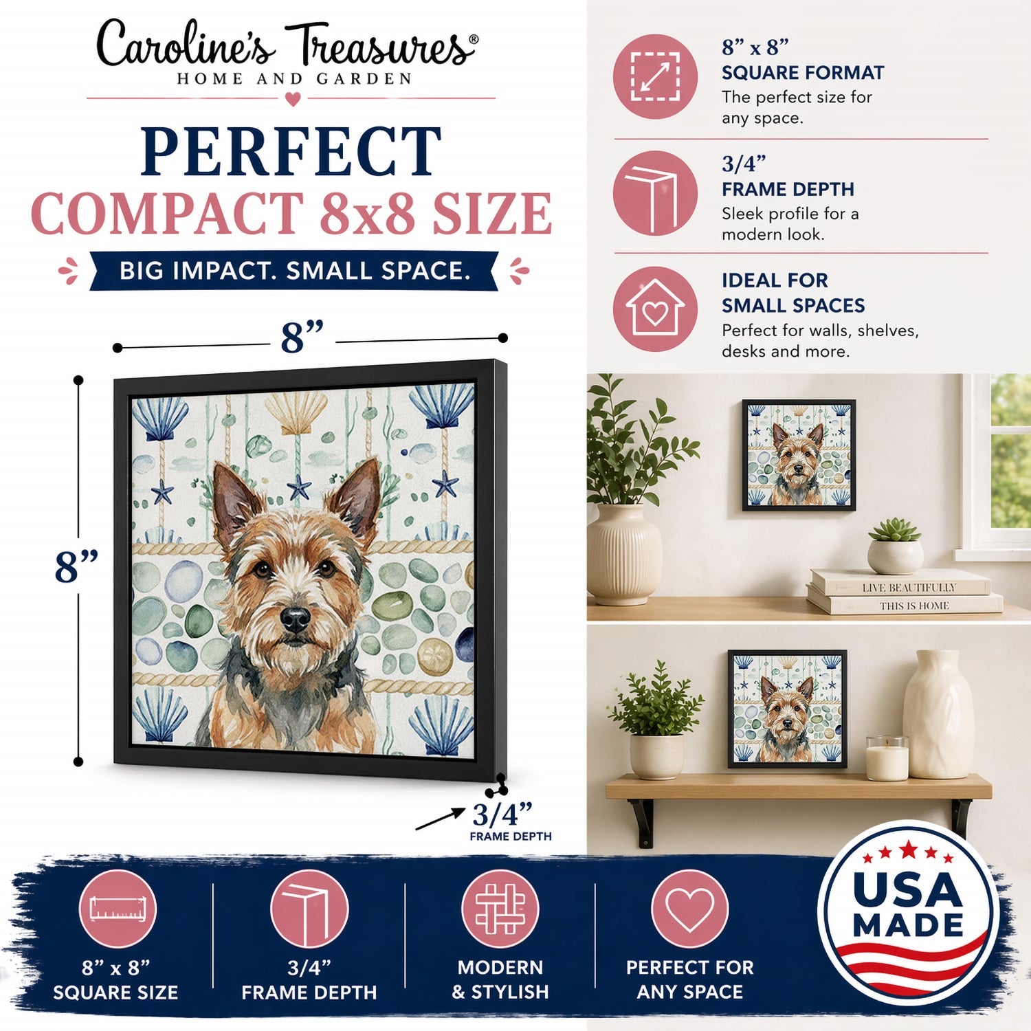 Norwich Terrier Coastal Sea Glass Framed Metal Print Bathroom, Kitchen, Office, Home Decor Wall Art Ready to Hang, Square, 8X8