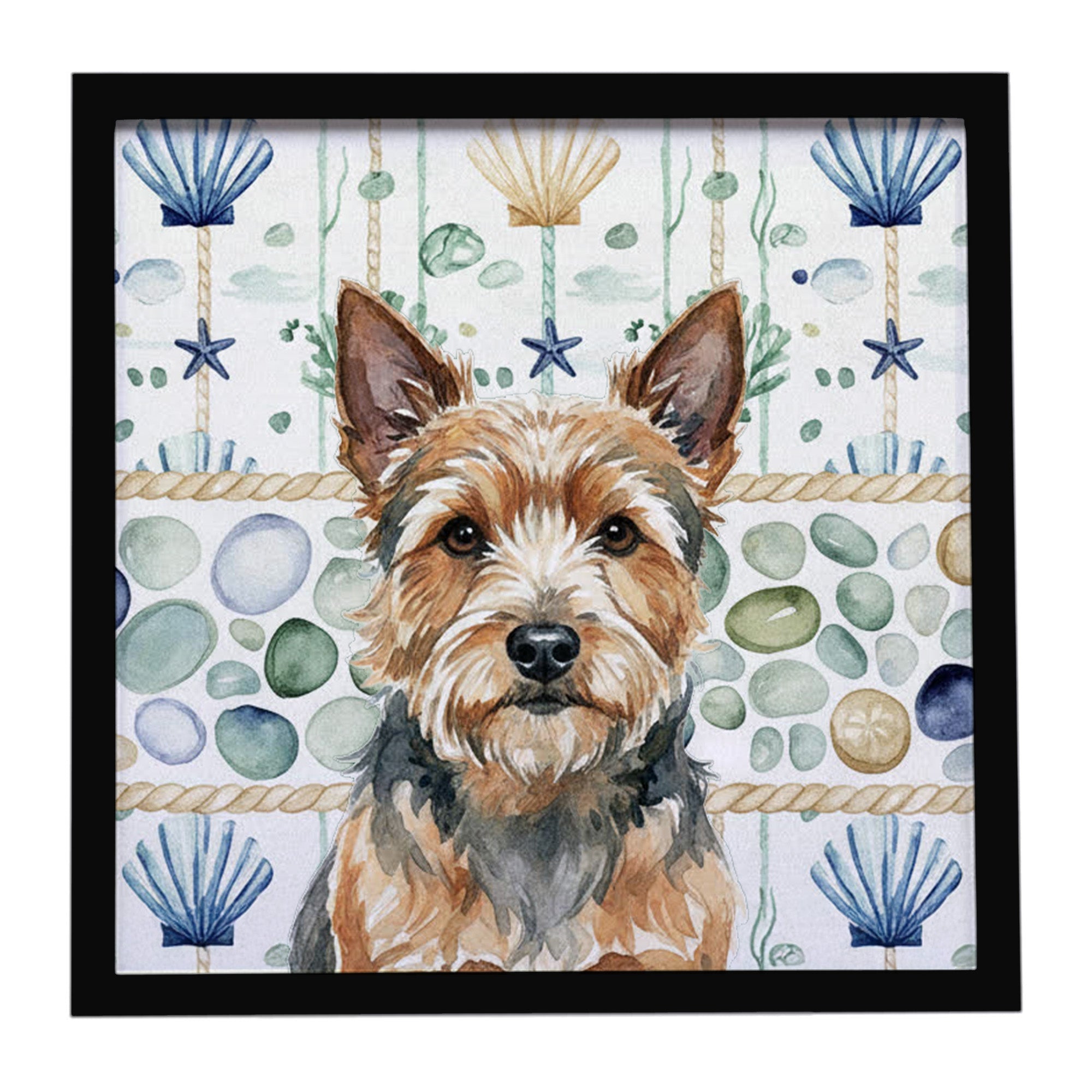 Norwich Terrier Coastal Sea Glass Framed Metal Print Bathroom, Kitchen, Office, Home Decor Wall Art Ready to Hang, Square, 8X8