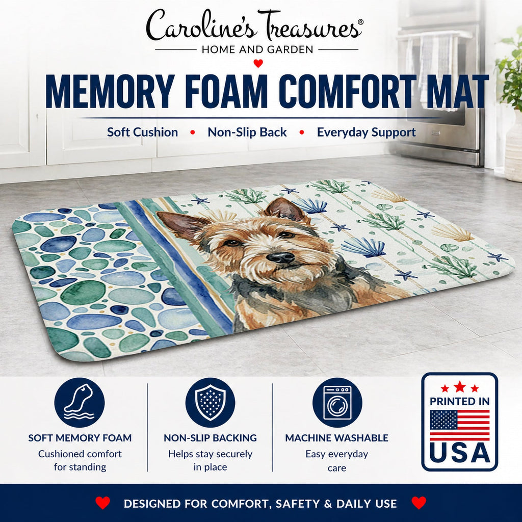 Norwich Terrier Coastal Sea Glass Memory Foam Kitchen Mat Machine Washable Anti-Fatigue Cushion Comfort Bath or Kitchen Rug