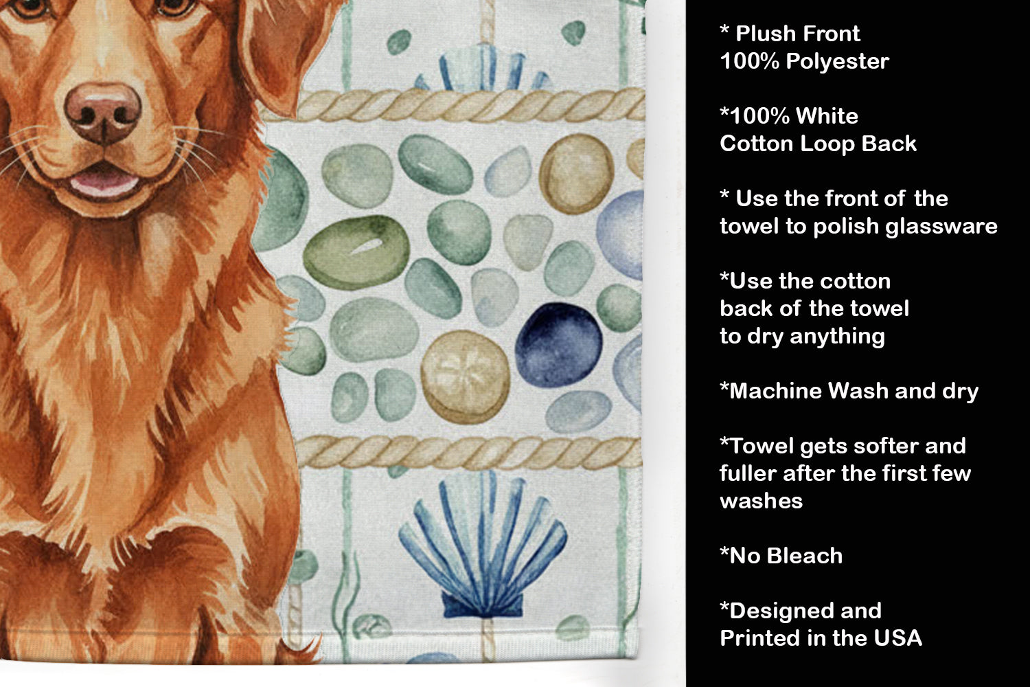 Copper Nova Scotia Duck Tolling Retriever Coastal Sea Glass Kitchen Towel Velour Plush Front and Cotton Loop Back Machine Washable