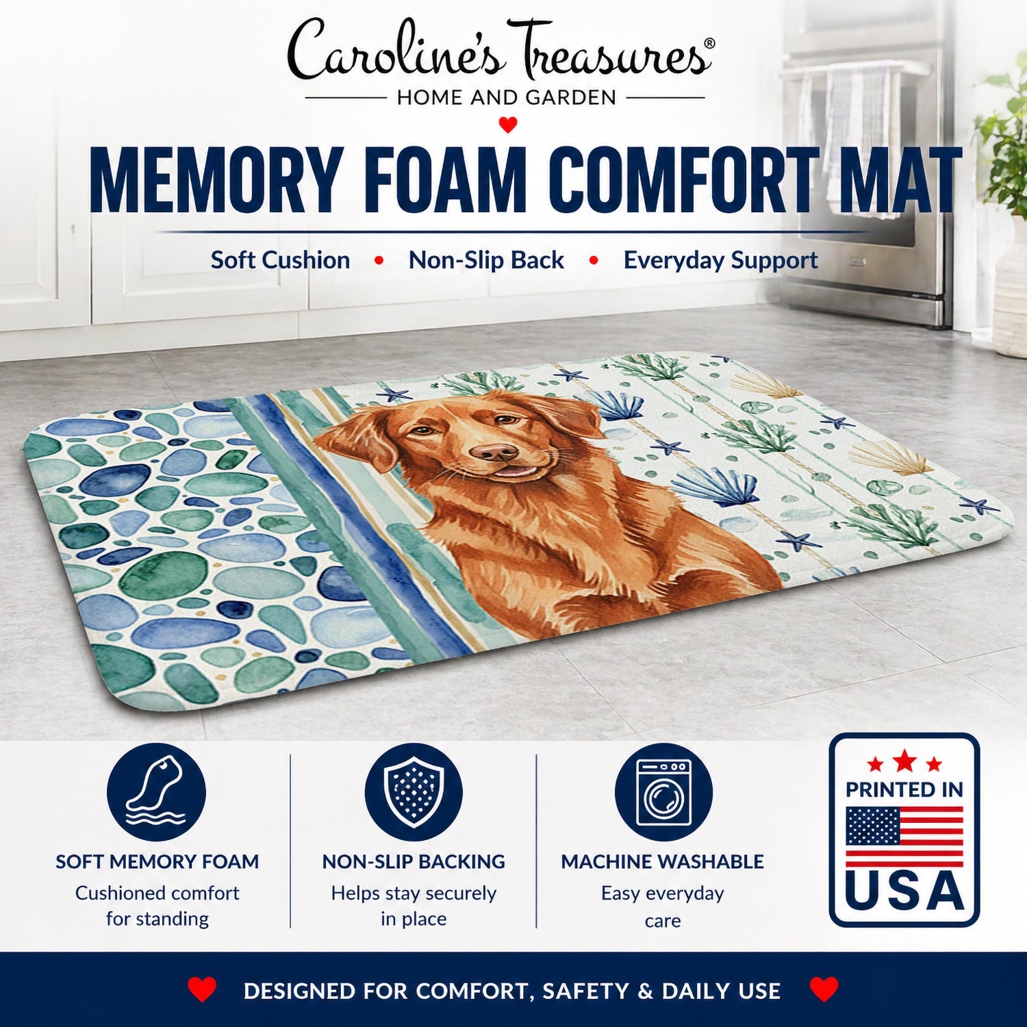 Copper Nova Scotia Duck Tolling Retriever Coastal Sea Glass Memory Foam Kitchen Mat Machine Washable Anti-Fatigue Cushion Comfort Bath or Kitchen Rug