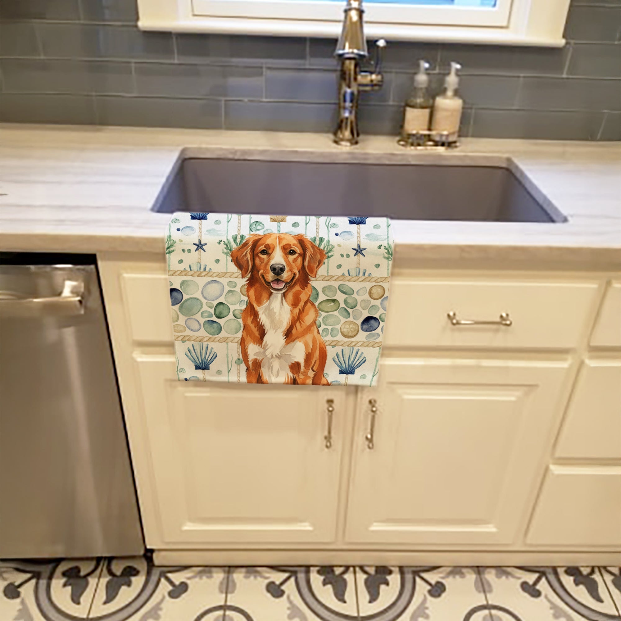 Orange Nova Scotia Duck Tolling Retriever Coastal Sea Glass Kitchen Towel Velour Plush Front and Cotton Loop Back Machine Washable