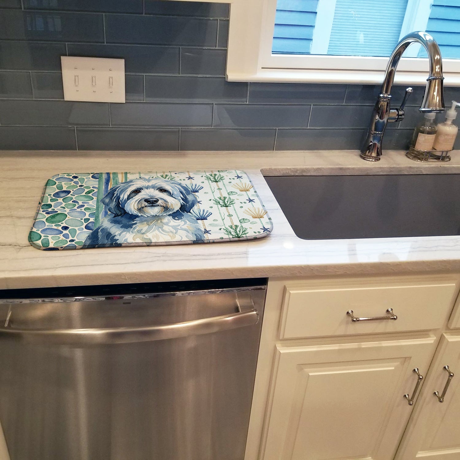 Blue and White Old English Sheepdog Coastal Sea Glass Dish Drying Mat Absorbent Dish Drying Mat Pad for Kitchen Counter Dish Drainer Mat for Countertop, 14 x 21", Multicolor