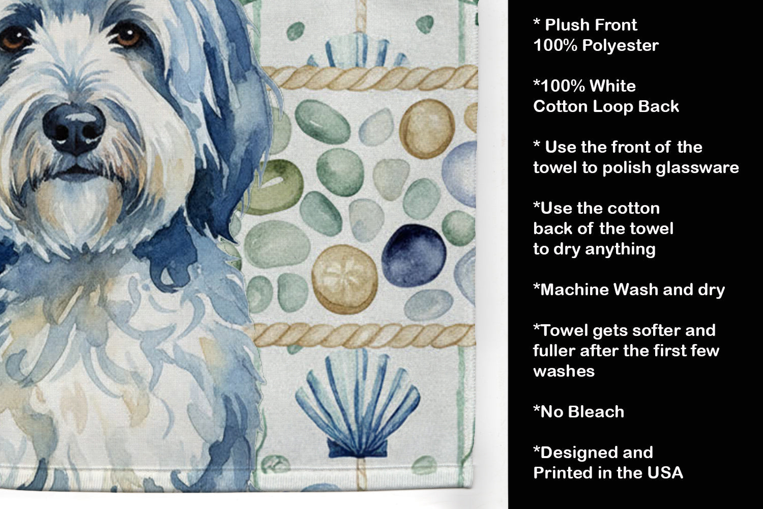Blue and White Old English Sheepdog Coastal Sea Glass Kitchen Towel Velour Plush Front and Cotton Loop Back Machine Washable