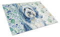 Blue and White Old English Sheepdog Coastal Sea Glass Cutting Board Tempered Glass Kitchen Cutting Surface, Heat Resistant Chopping, Non-Slip Feet, Food Prep & Serving