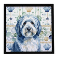 Blue and White Old English Sheepdog Coastal Sea Glass Framed Metal Print Bathroom, Kitchen, Office, Home Decor Wall Art Ready to Hang, Square, 8X8