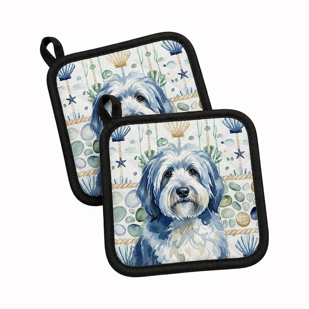 Blue and White Old English Sheepdog Coastal Sea Glass Pot Holder Set of 2 Heat Resistant Quilted Hot Pads 7.5 x 7.5 Inch, Insulated Kitchen Trivets for Cooking & Baking
