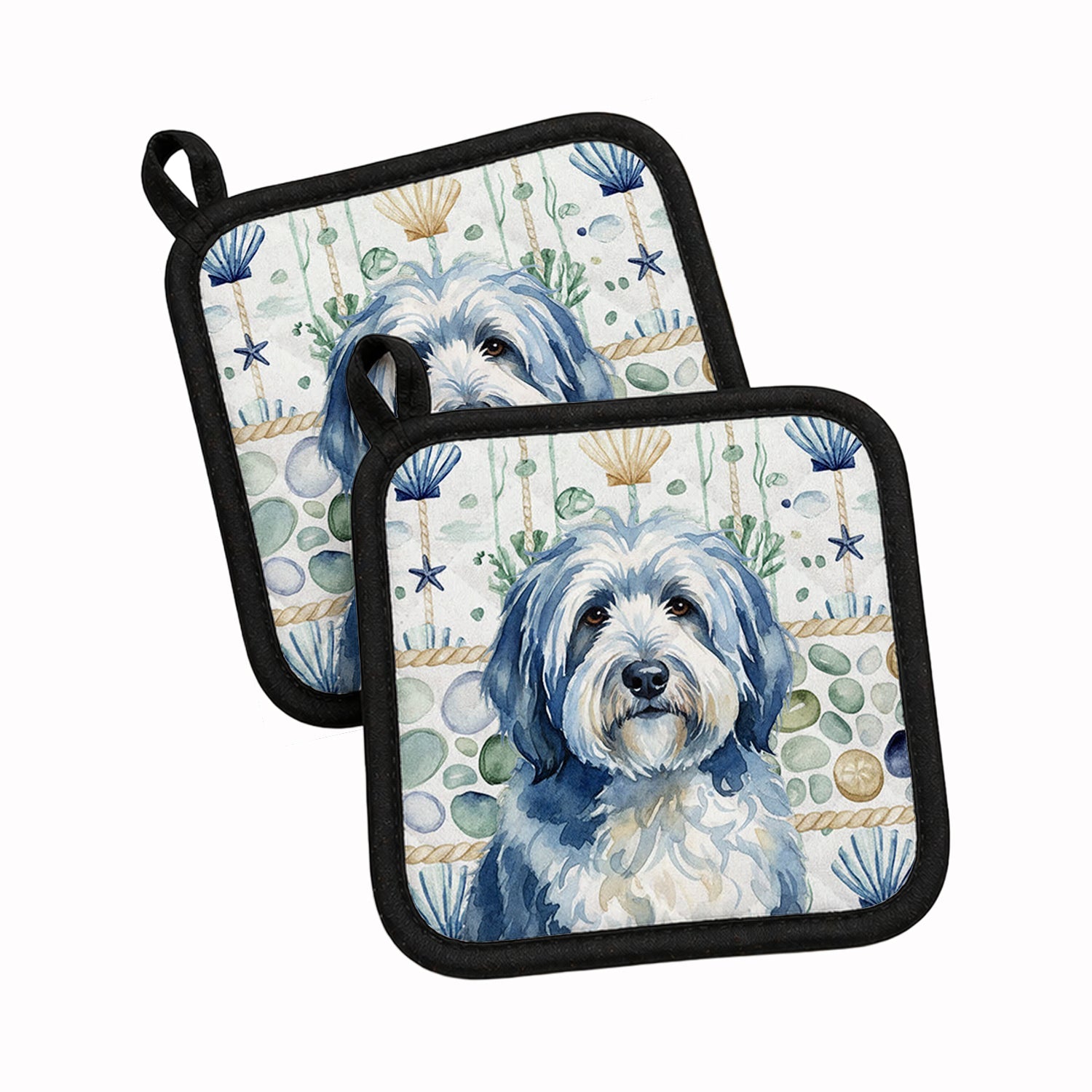 Blue and White Old English Sheepdog Coastal Sea Glass Pot Holder Set of 2 Heat Resistant Quilted Hot Pads 7.5 x 7.5 Inch, Insulated Kitchen Trivets for Cooking & Baking