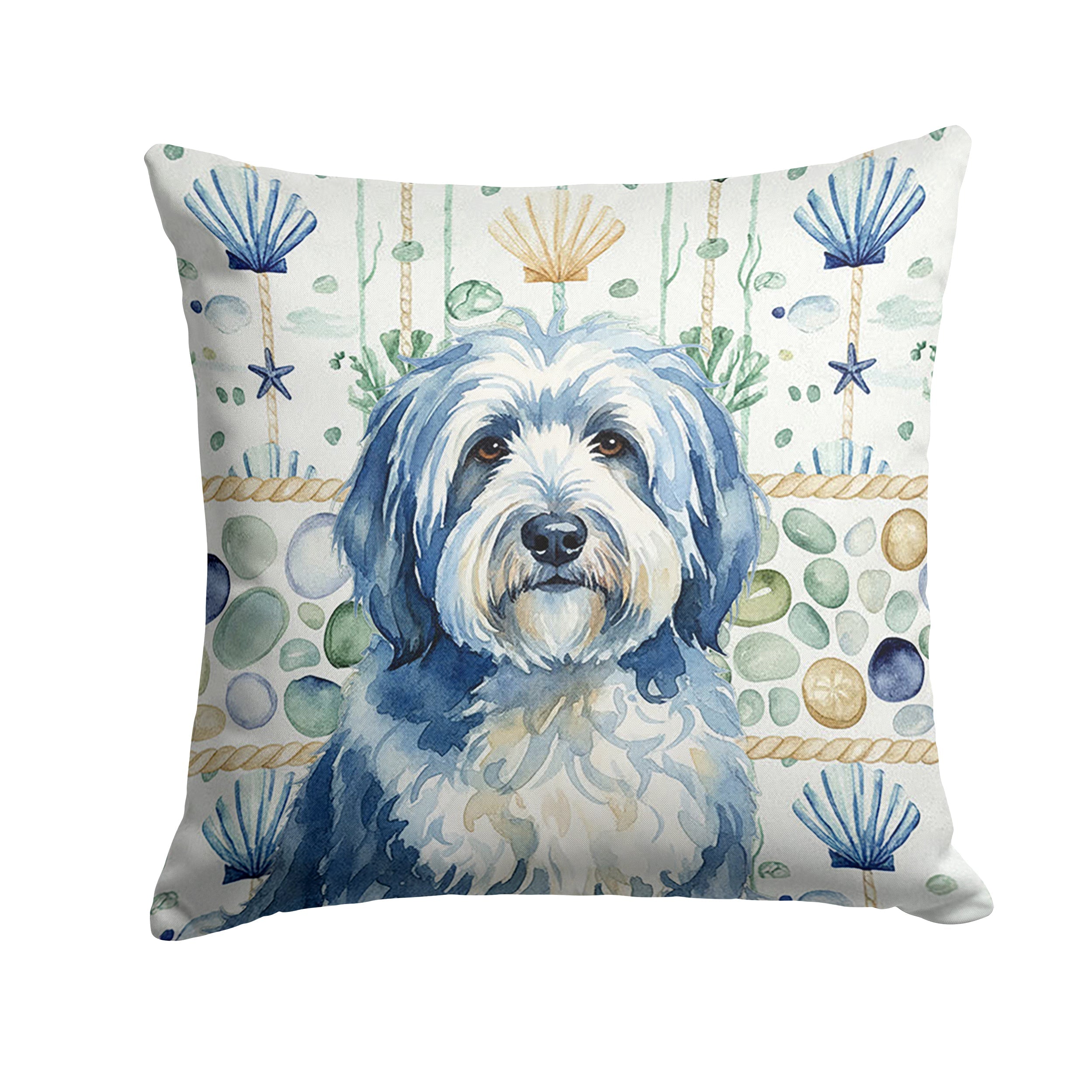 Blue and White Old English Sheepdog Coastal Sea Glass Decorative Throw Pillow 18x18 Indoor Outdoor Accent Cushion, Fabric Cover with Insert for Sofa, Bed, Porch & Living Room