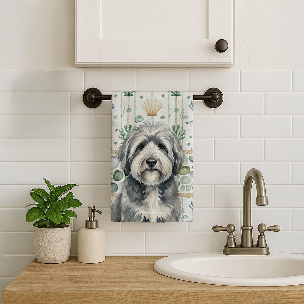 Gray and White Old English Sheepdog Coastal Sea Glass Kitchen Towel Velour Plush Front and Cotton Loop Back Machine Washable