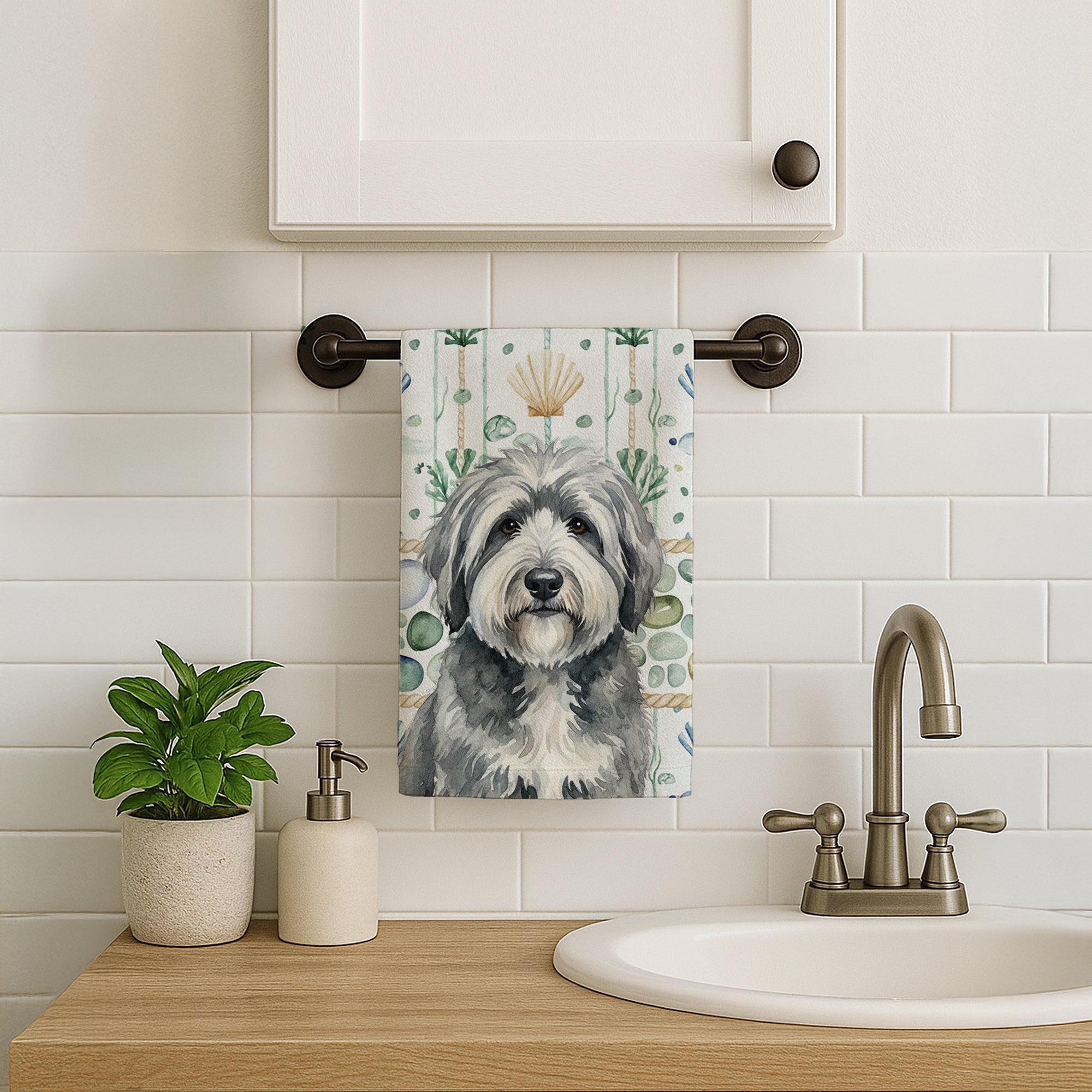 Gray and White Old English Sheepdog Coastal Sea Glass Kitchen Towel Velour Plush Front and Cotton Loop Back Machine Washable