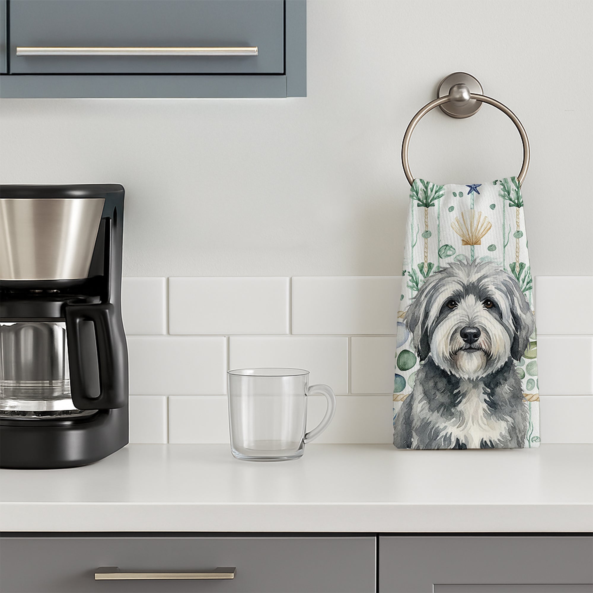 Gray and White Old English Sheepdog Coastal Sea Glass Kitchen Towel Velour Plush Front and Cotton Loop Back Machine Washable