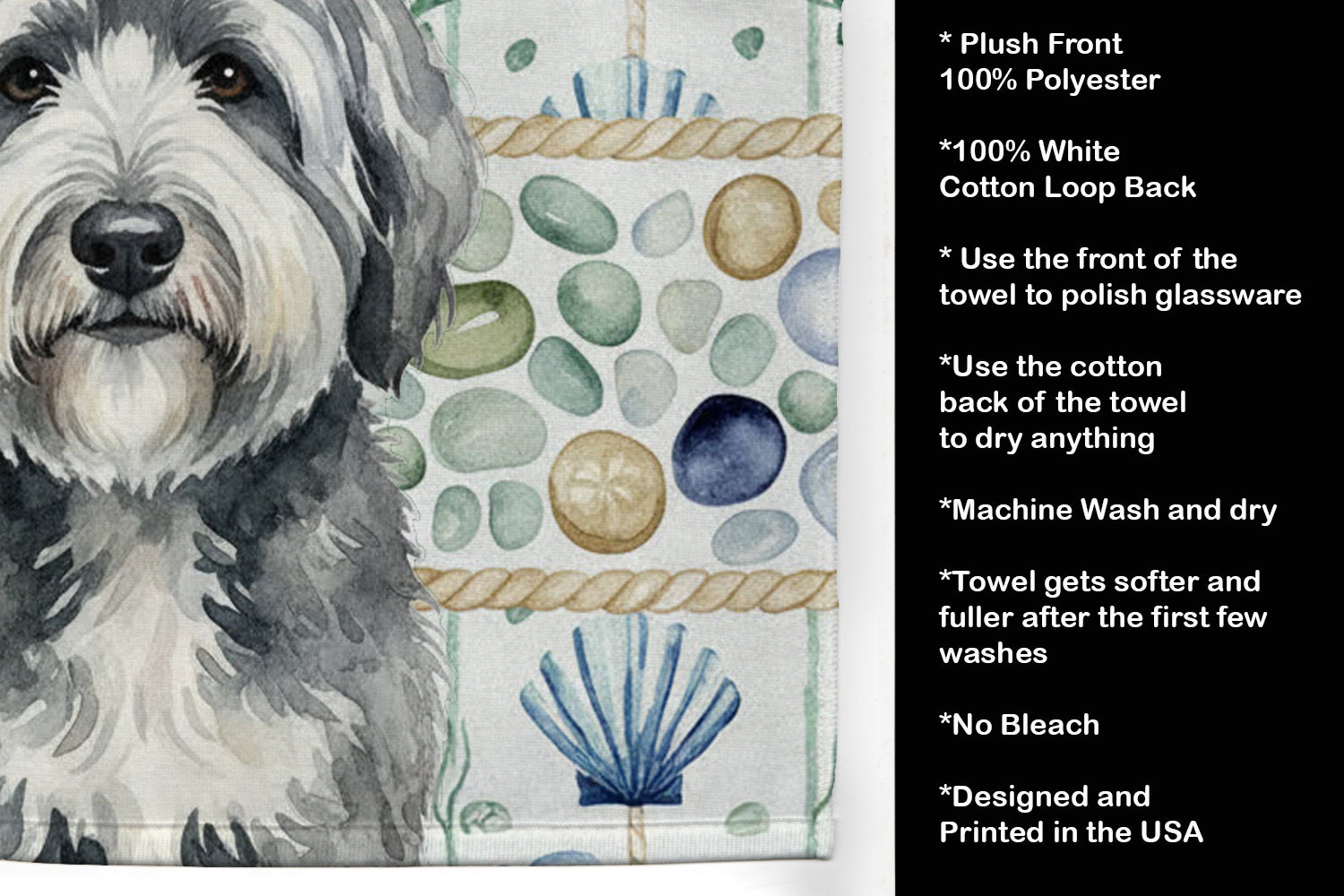 Gray and White Old English Sheepdog Coastal Sea Glass Kitchen Towel Velour Plush Front and Cotton Loop Back Machine Washable