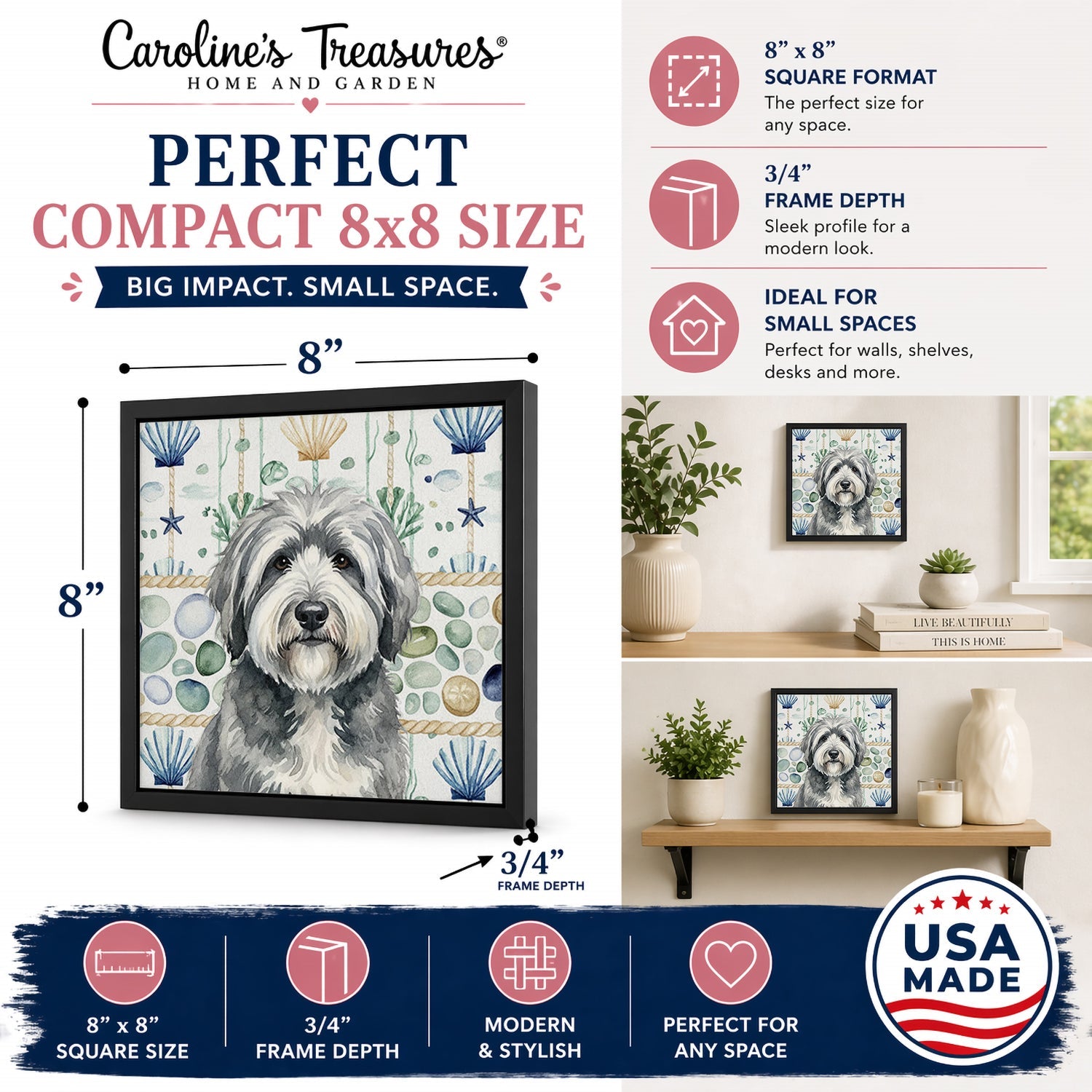 Gray and White Old English Sheepdog Coastal Sea Glass Framed Metal Print Bathroom, Kitchen, Office, Home Decor Wall Art Ready to Hang, Square, 8X8