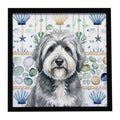 Gray and White Old English Sheepdog Coastal Sea Glass Framed Metal Print Bathroom, Kitchen, Office, Home Decor Wall Art Ready to Hang, Square, 8X8