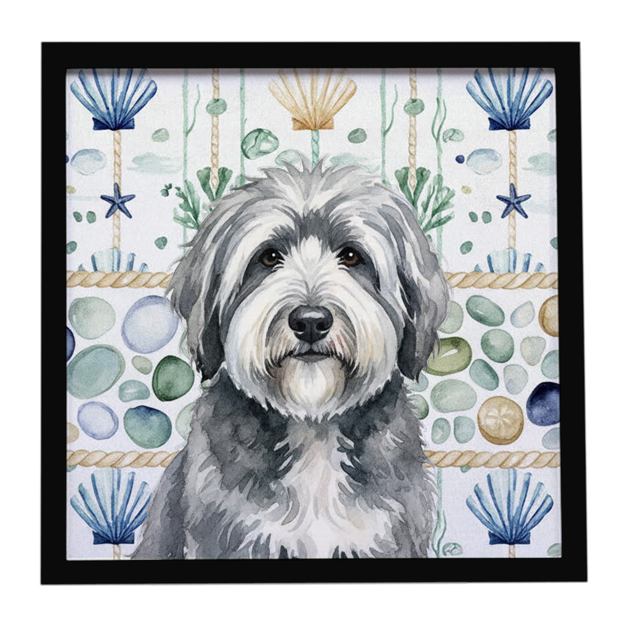 Gray and White Old English Sheepdog Coastal Sea Glass Framed Metal Print Bathroom, Kitchen, Office, Home Decor Wall Art Ready to Hang, Square, 8X8
