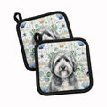 Gray and White Old English Sheepdog Coastal Sea Glass Pot Holder Set of 2 Heat Resistant Quilted Hot Pads 7.5 x 7.5 Inch, Insulated Kitchen Trivets for Cooking & Baking