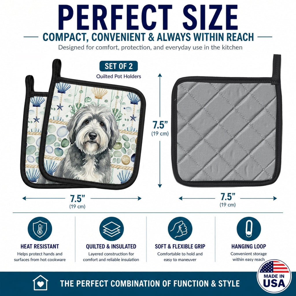 Gray and White Old English Sheepdog Coastal Sea Glass Pot Holder Set of 2 Heat Resistant Quilted Hot Pads 7.5 x 7.5 Inch, Insulated Kitchen Trivets for Cooking & Baking