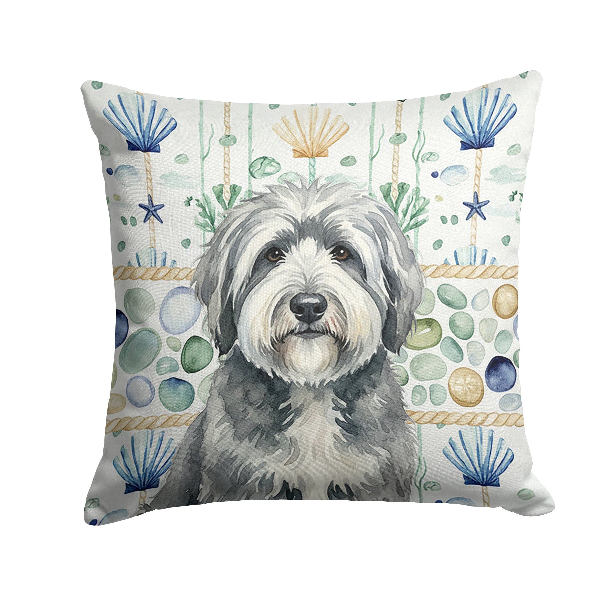 Gray and White Old English Sheepdog Coastal Sea Glass Decorative Throw Pillow 14x14 Indoor Outdoor Accent Cushion, Fabric Cover with Insert for Sofa, Bed, Porch & Living Room