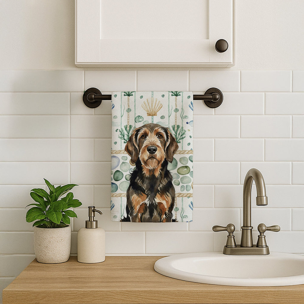 Black and Tan Otterhound Coastal Sea Glass Kitchen Towel Velour Plush Front and Cotton Loop Back Machine Washable
