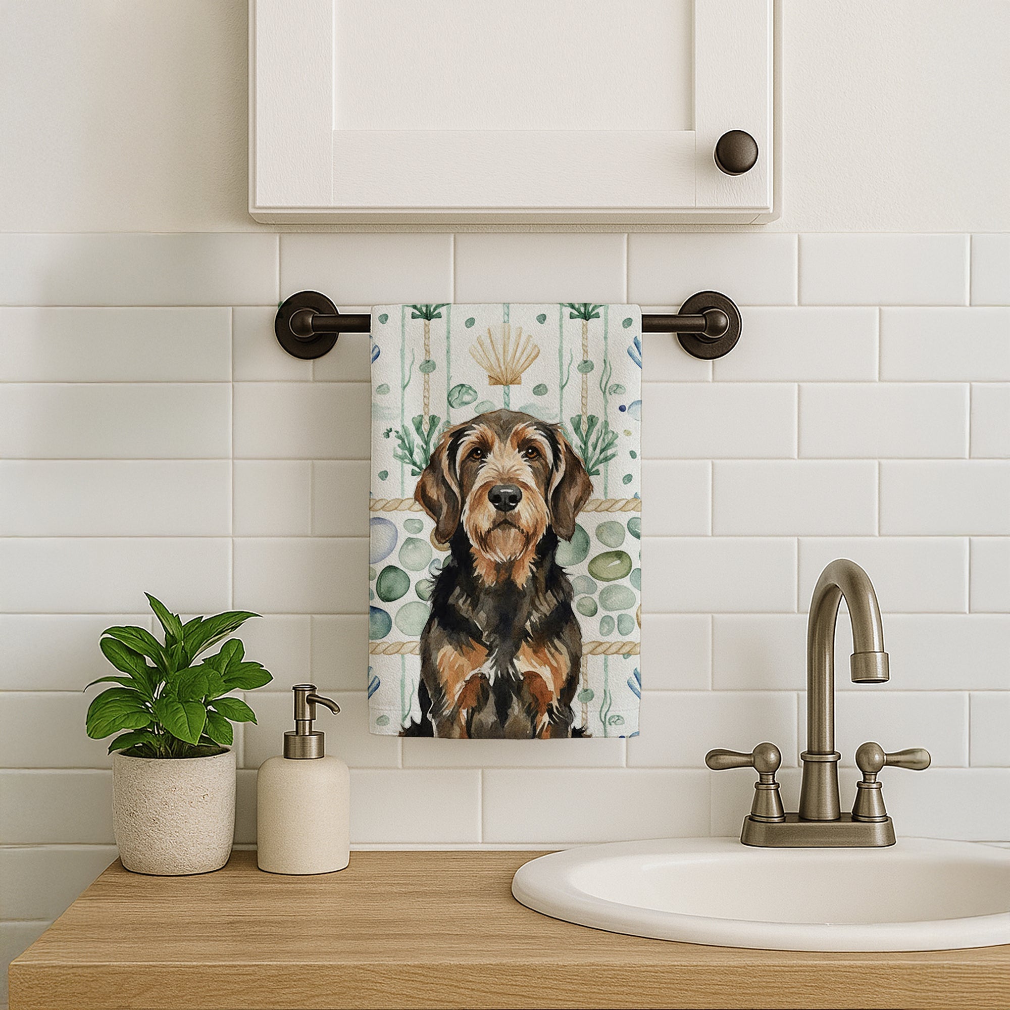 Black and Tan Otterhound Coastal Sea Glass Kitchen Towel Velour Plush Front and Cotton Loop Back Machine Washable