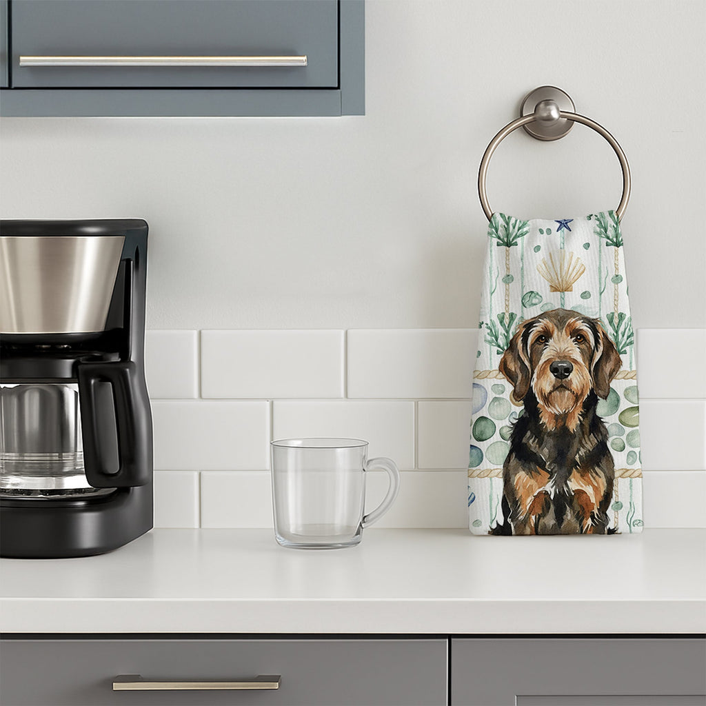 Black and Tan Otterhound Coastal Sea Glass Kitchen Towel Velour Plush Front and Cotton Loop Back Machine Washable