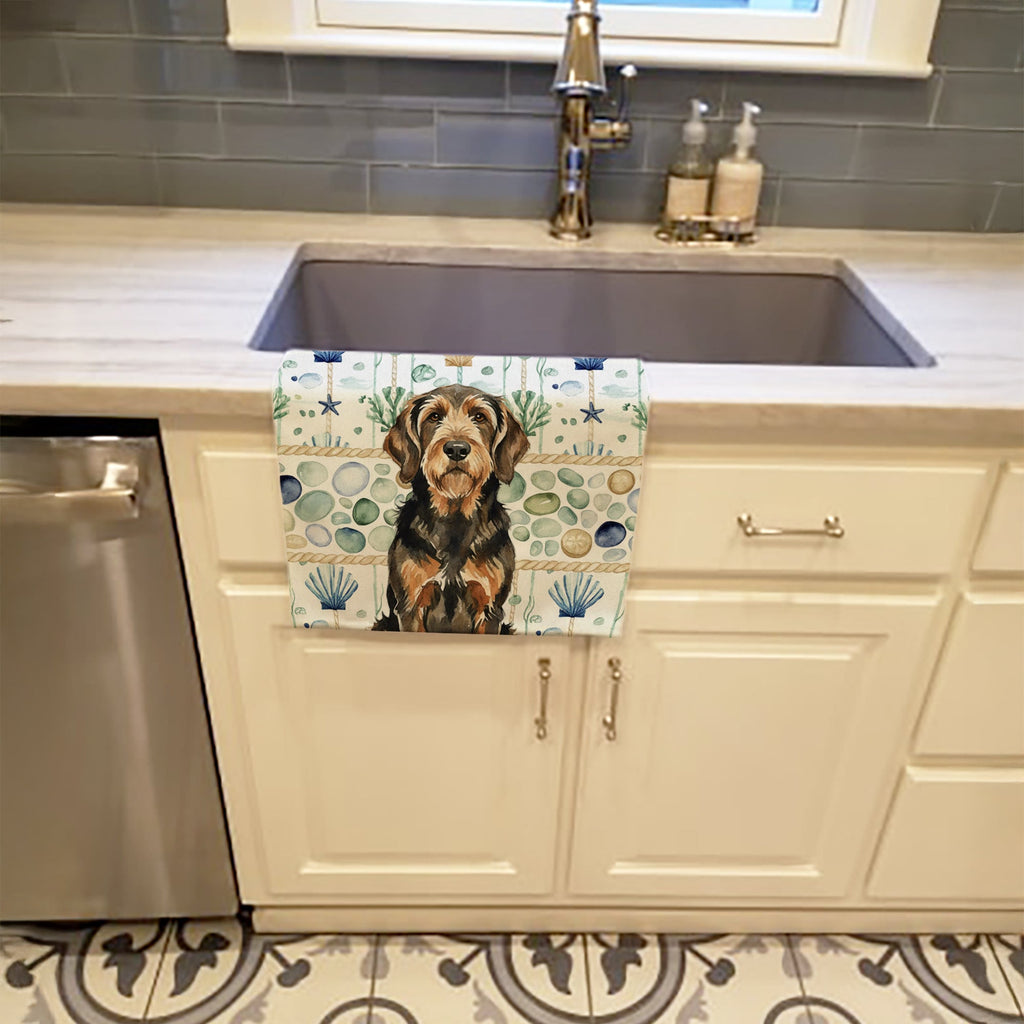 Black and Tan Otterhound Coastal Sea Glass Kitchen Towel Velour Plush Front and Cotton Loop Back Machine Washable