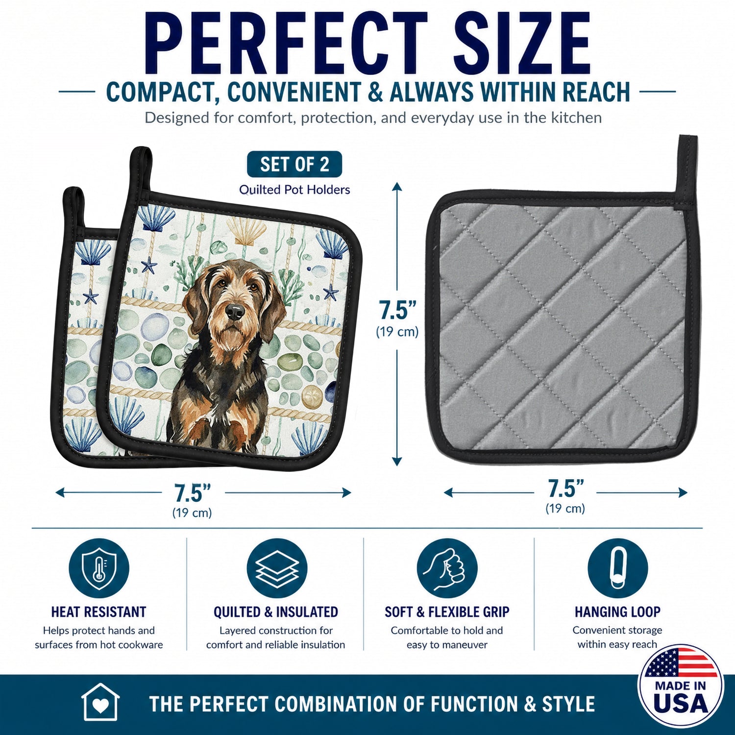 Black and Tan Otterhound Coastal Sea Glass Pot Holder Set of 2 Heat Resistant Quilted Hot Pads 7.5 x 7.5 Inch, Insulated Kitchen Trivets for Cooking & Baking