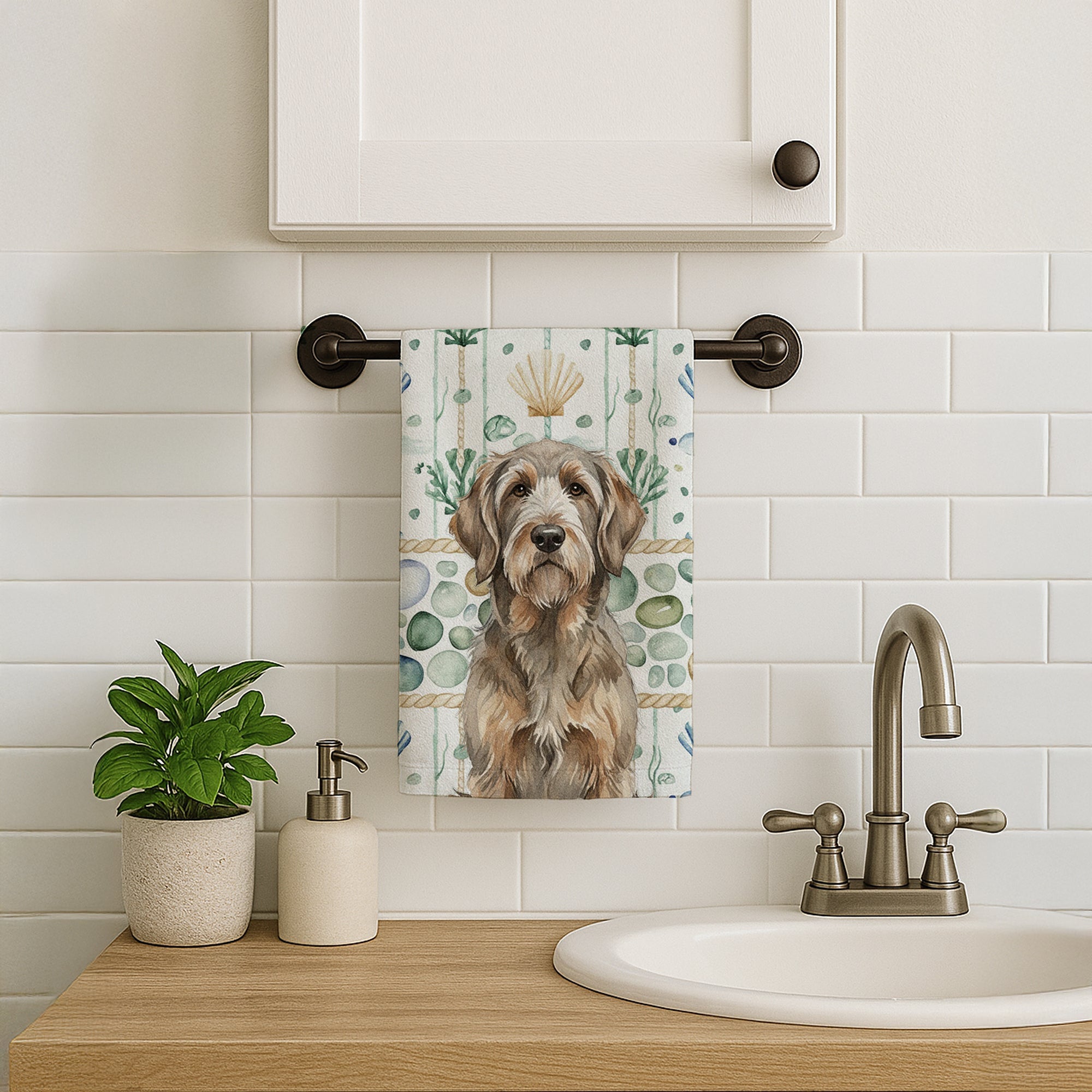 Grizzle and Tan Otterhound Coastal Sea Glass Kitchen Towel Velour Plush Front and Cotton Loop Back Machine Washable