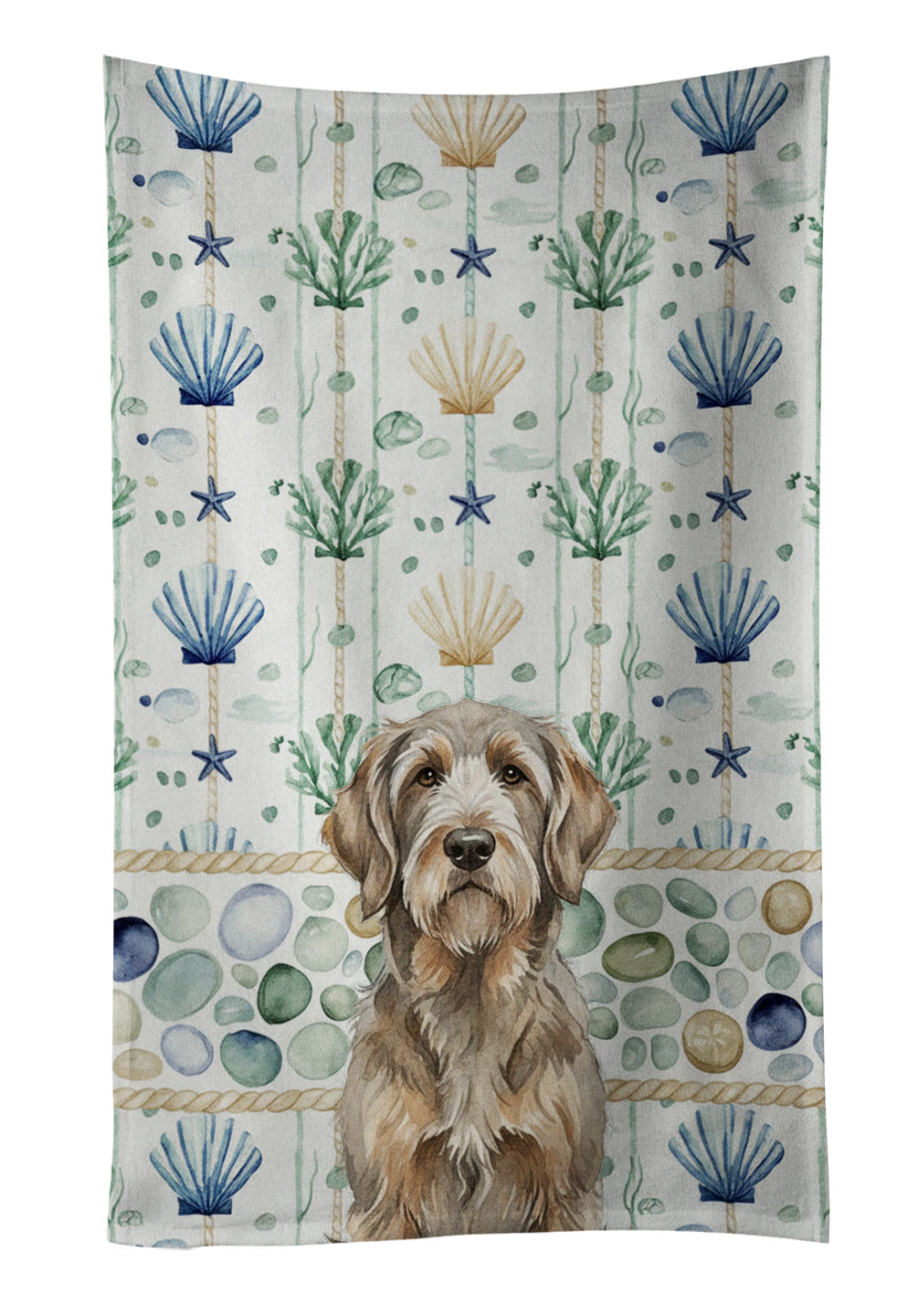 Grizzle and Tan Otterhound Coastal Sea Glass Kitchen Towel Velour Plush Front and Cotton Loop Back Machine Washable