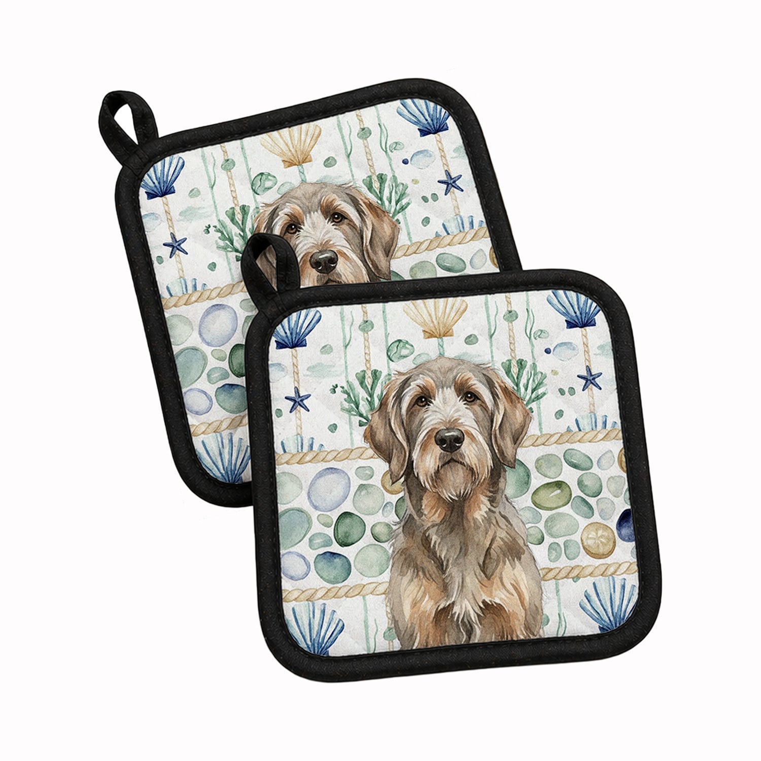 Grizzle and Tan Otterhound Coastal Sea Glass Pot Holder Set of 2 Heat Resistant Quilted Hot Pads 7.5 x 7.5 Inch, Insulated Kitchen Trivets for Cooking & Baking