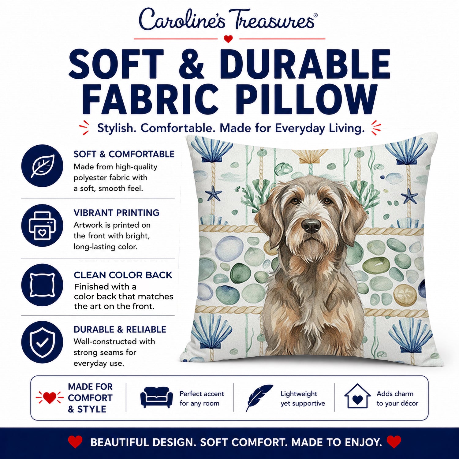 Grizzle and Tan Otterhound Coastal Sea Glass Decorative Throw Pillow 14x14 Indoor Outdoor Accent Cushion, Fabric Cover with Insert for Sofa, Bed, Porch & Living Room
