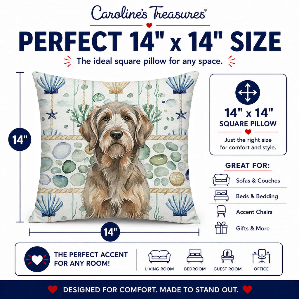 Grizzle and Tan Otterhound Coastal Sea Glass Decorative Throw Pillow 14x14 Indoor Outdoor Accent Cushion, Fabric Cover with Insert for Sofa, Bed, Porch & Living Room