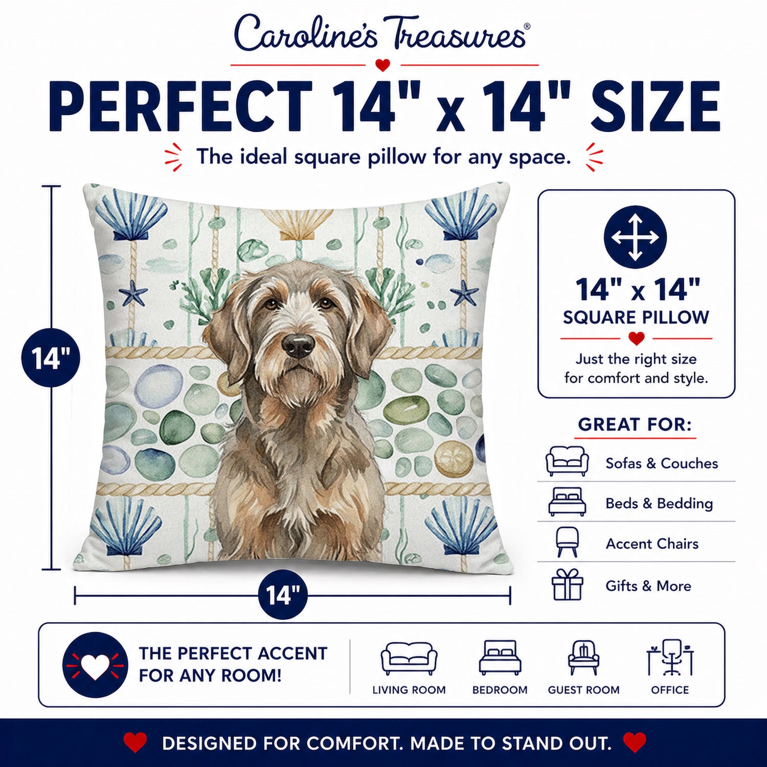 Grizzle and Tan Otterhound Coastal Sea Glass Decorative Throw Pillow 14x14 Indoor Outdoor Accent Cushion, Fabric Cover with Insert for Sofa, Bed, Porch & Living Room