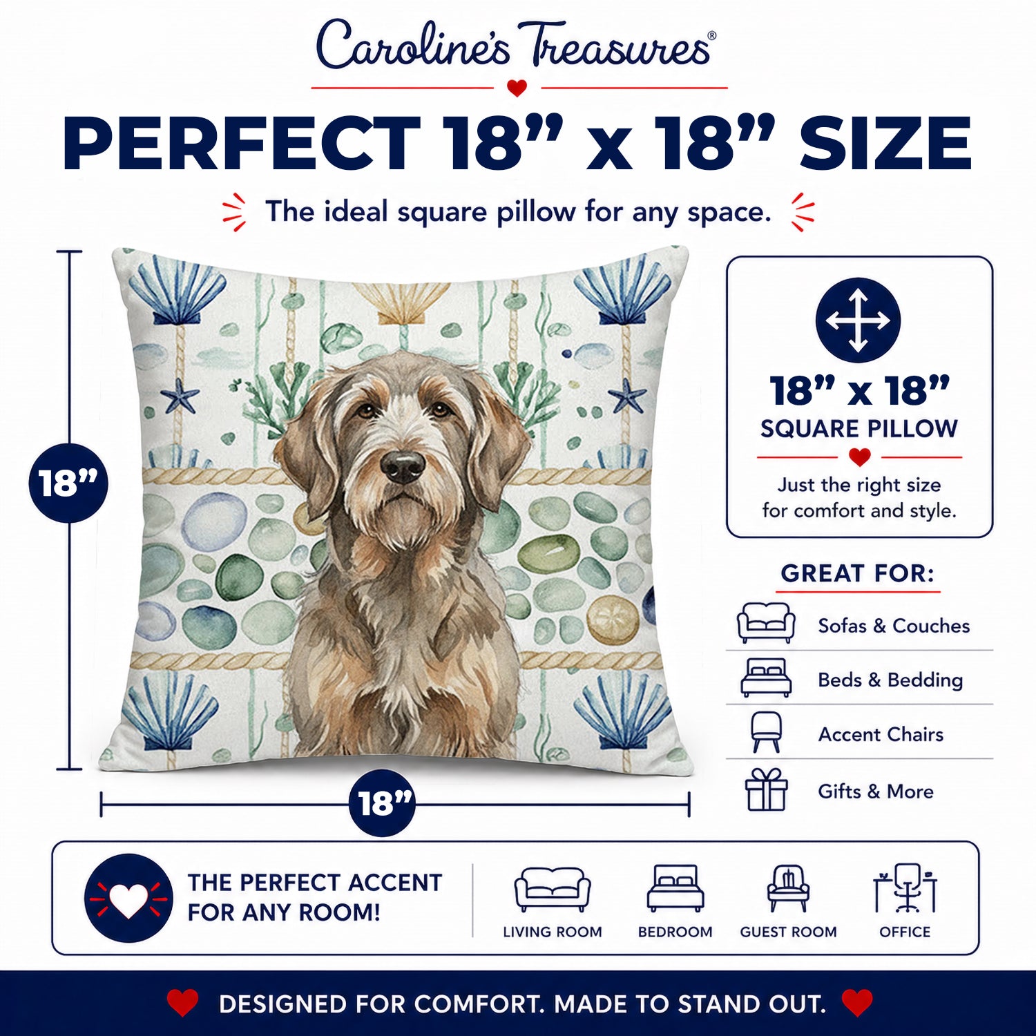 Grizzle and Tan Otterhound Coastal Sea Glass Decorative Throw Pillow 18x18 Indoor Outdoor Accent Cushion, Fabric Cover with Insert for Sofa, Bed, Porch & Living Room