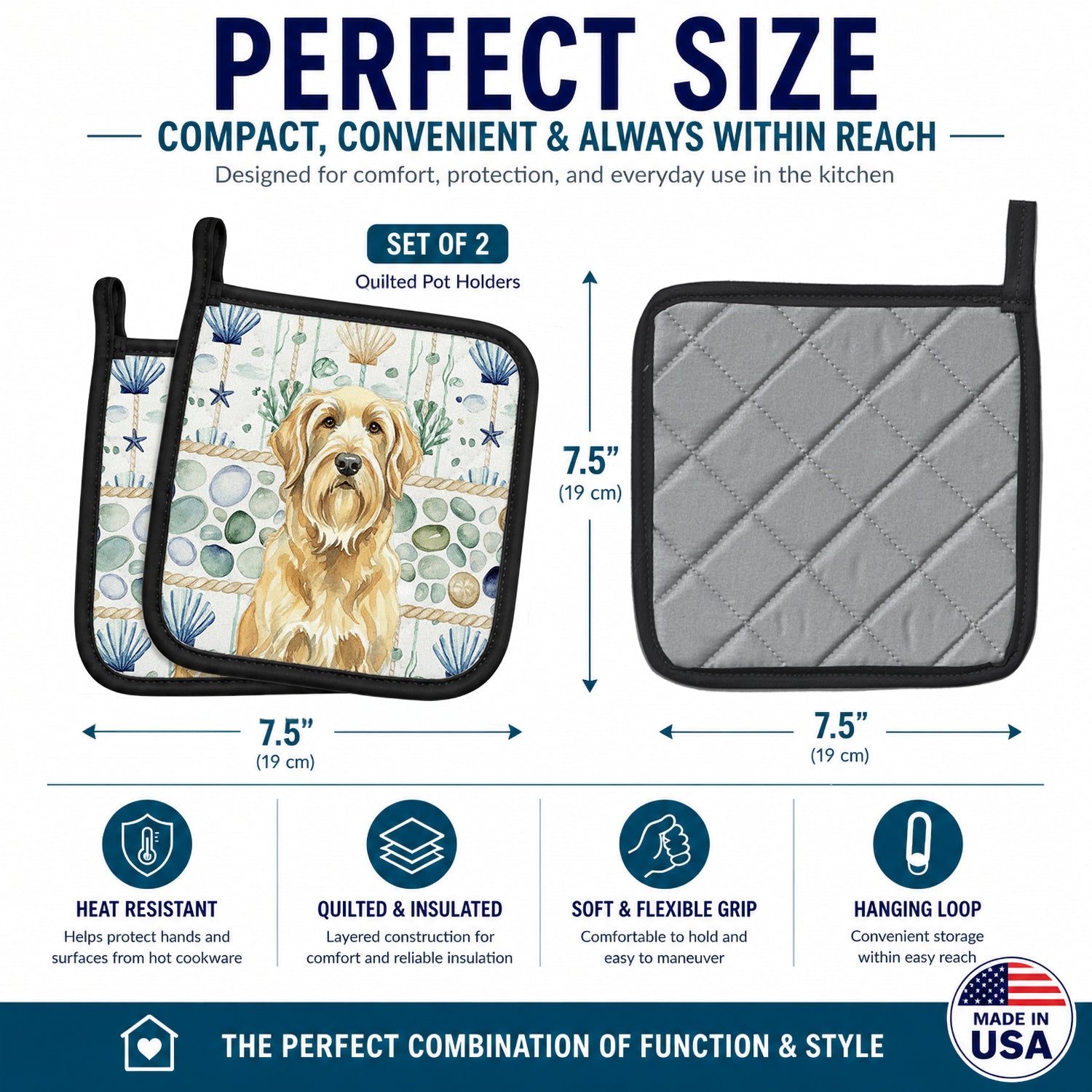 Wheaten and Tan Otterhound Coastal Sea Glass Pot Holder Set of 2 Heat Resistant Quilted Hot Pads 7.5 x 7.5 Inch, Insulated Kitchen Trivets for Cooking & Baking
