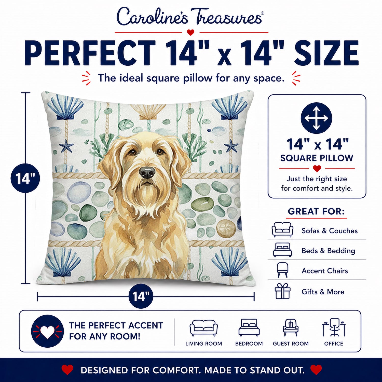 Wheaten and Tan Otterhound Coastal Sea Glass Decorative Throw Pillow 14x14 Indoor Outdoor Accent Cushion, Fabric Cover with Insert for Sofa, Bed, Porch & Living Room