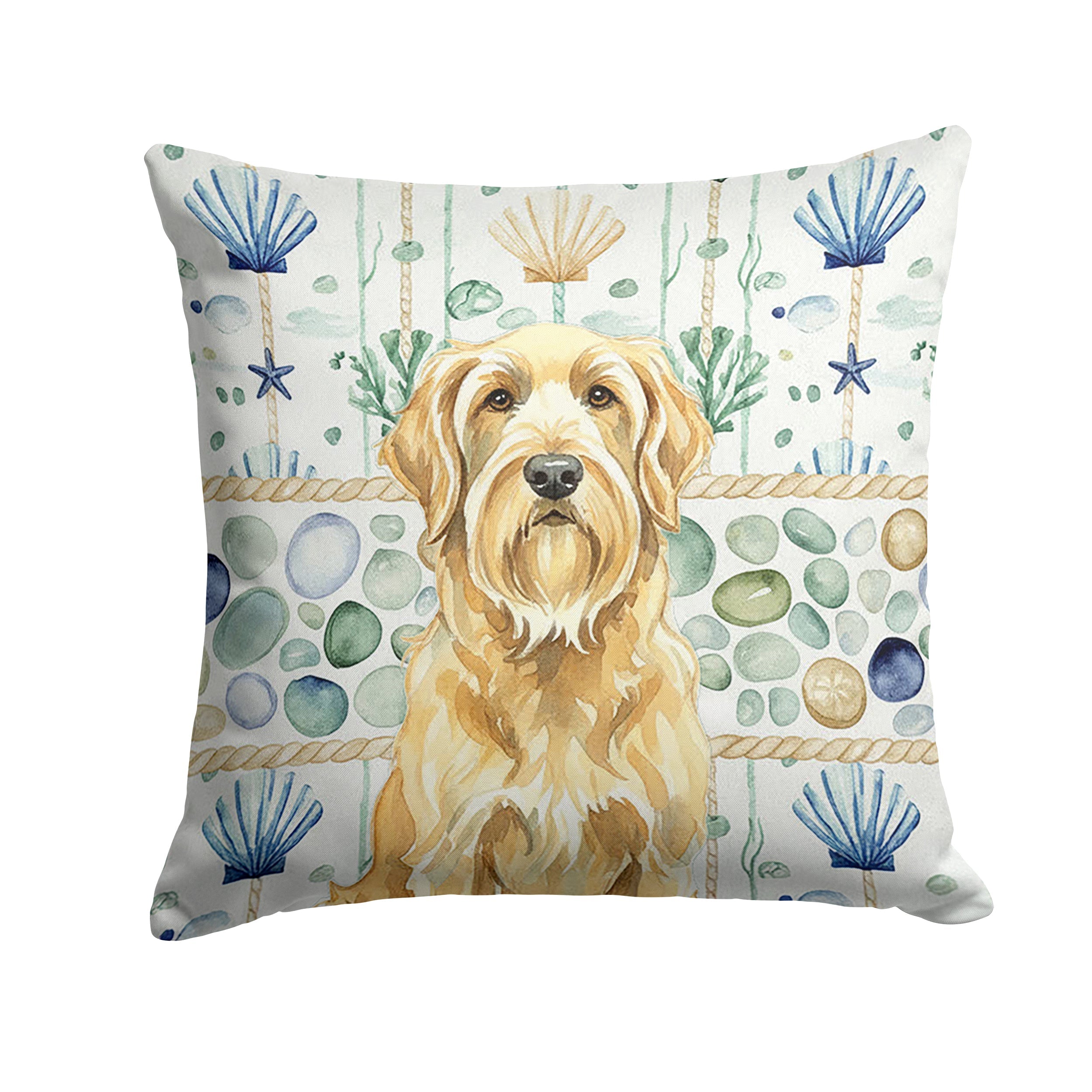 Wheaten and Tan Otterhound Coastal Sea Glass Decorative Throw Pillow 18x18 Indoor Outdoor Accent Cushion, Fabric Cover with Insert for Sofa, Bed, Porch & Living Room
