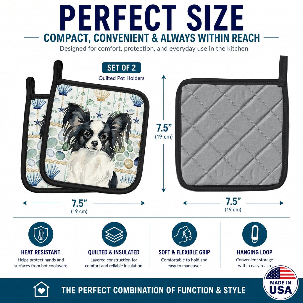 Black and White Papillon Coastal Sea Glass Pot Holder Set of 2 Heat Resistant Quilted Hot Pads 7.5 x 7.5 Inch, Insulated Kitchen Trivets for Cooking & Baking