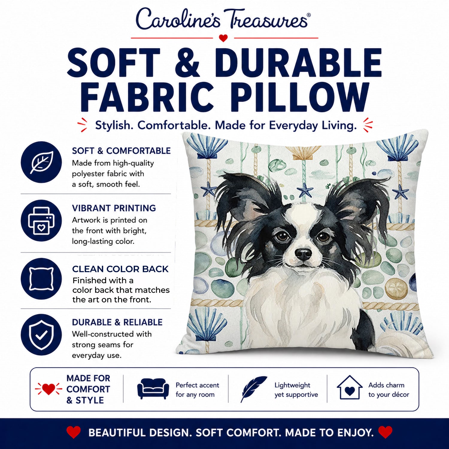 Black and White Papillon Coastal Sea Glass Decorative Throw Pillow 14x14 Indoor Outdoor Accent Cushion, Fabric Cover with Insert for Sofa, Bed, Porch & Living Room