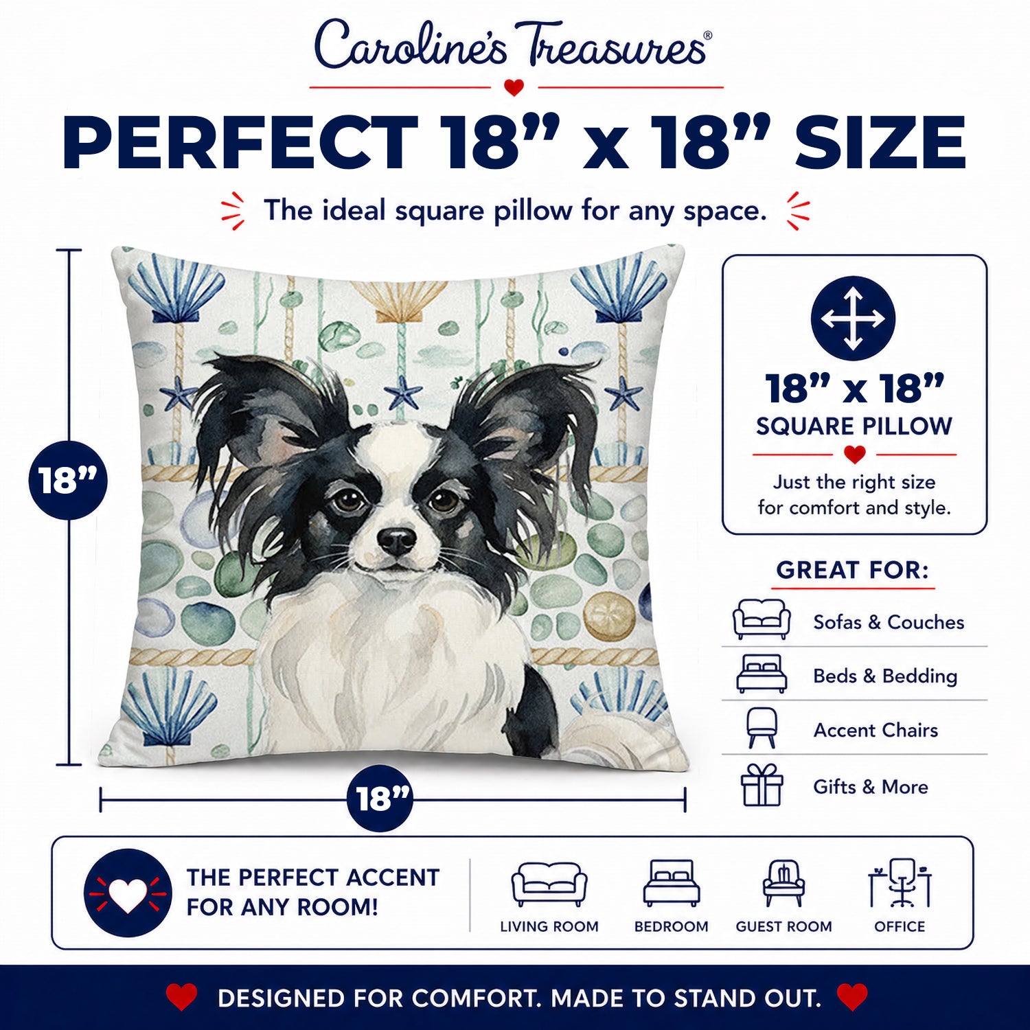 Black and White Papillon Coastal Sea Glass Decorative Throw Pillow 18x18 Indoor Outdoor Accent Cushion, Fabric Cover with Insert for Sofa, Bed, Porch & Living Room