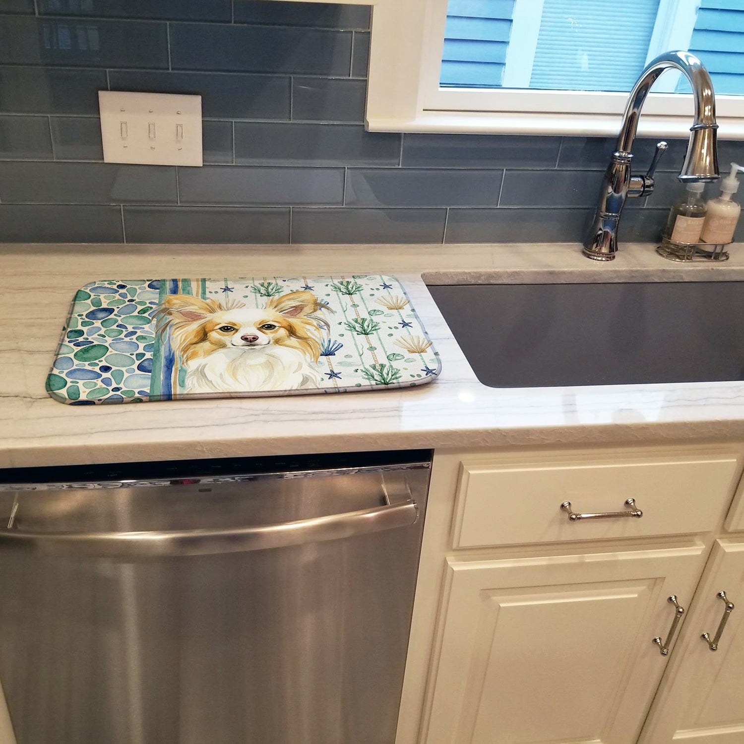 Lemon and White Papillon Coastal Sea Glass Dish Drying Mat Absorbent Dish Drying Mat Pad for Kitchen Counter Dish Drainer Mat for Countertop, 14 x 21", Multicolor