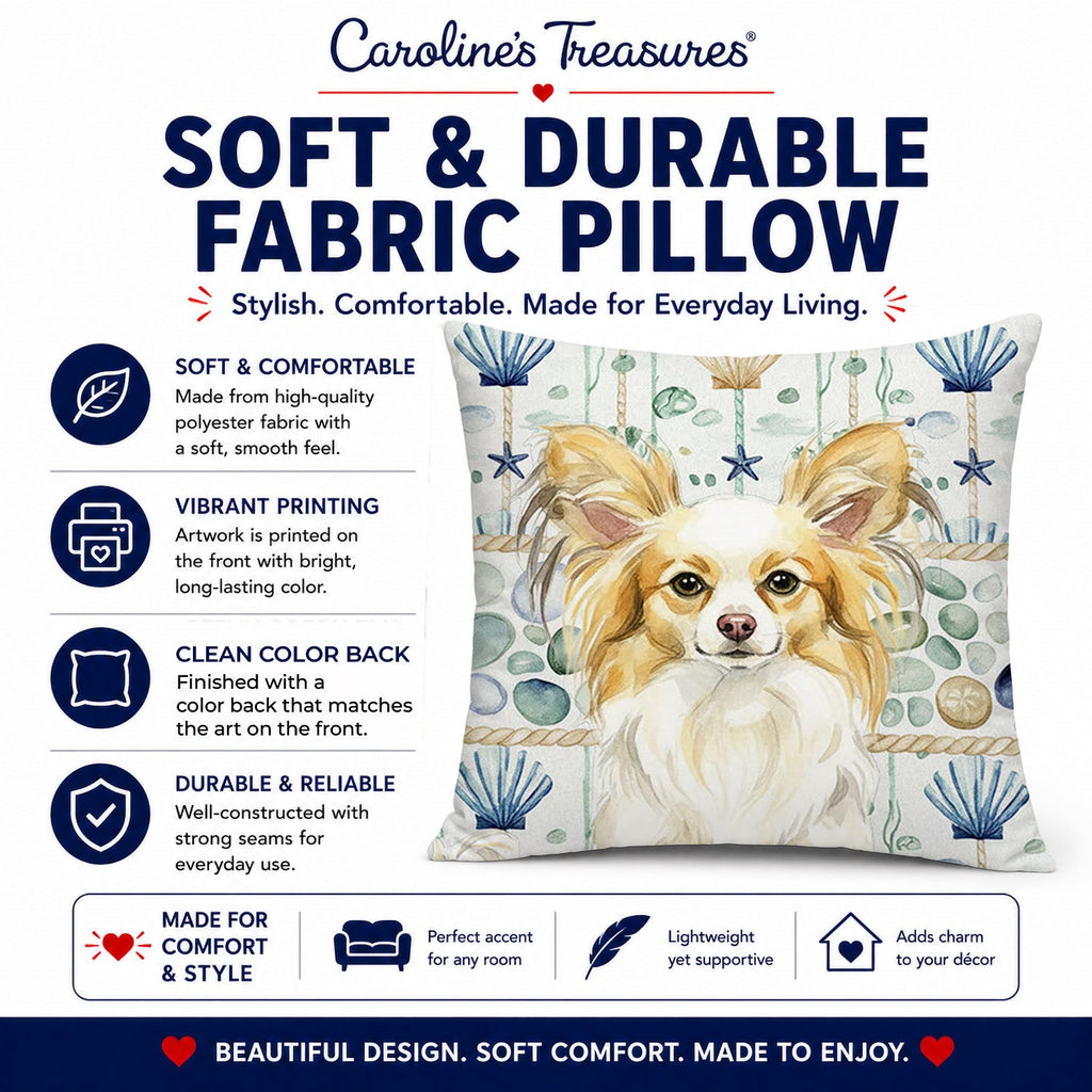 Lemon and White Papillon Coastal Sea Glass Decorative Throw Pillow 14x14 Indoor Outdoor Accent Cushion, Fabric Cover with Insert for Sofa, Bed, Porch & Living Room