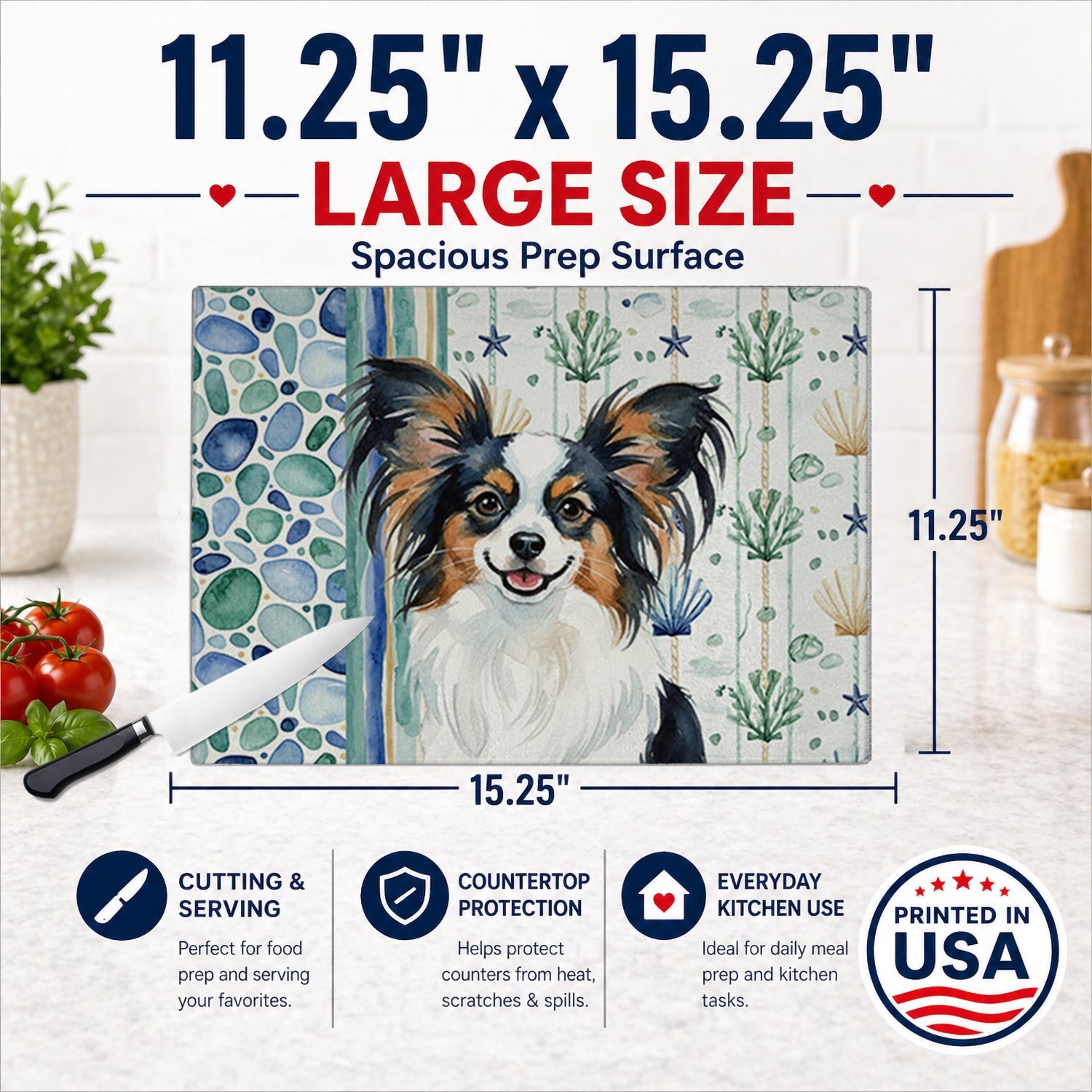 Tricolor Papillon Coastal Sea Glass Cutting Board Tempered Glass Kitchen Cutting Surface, Heat Resistant Chopping, Non-Slip Feet, Food Prep & Serving