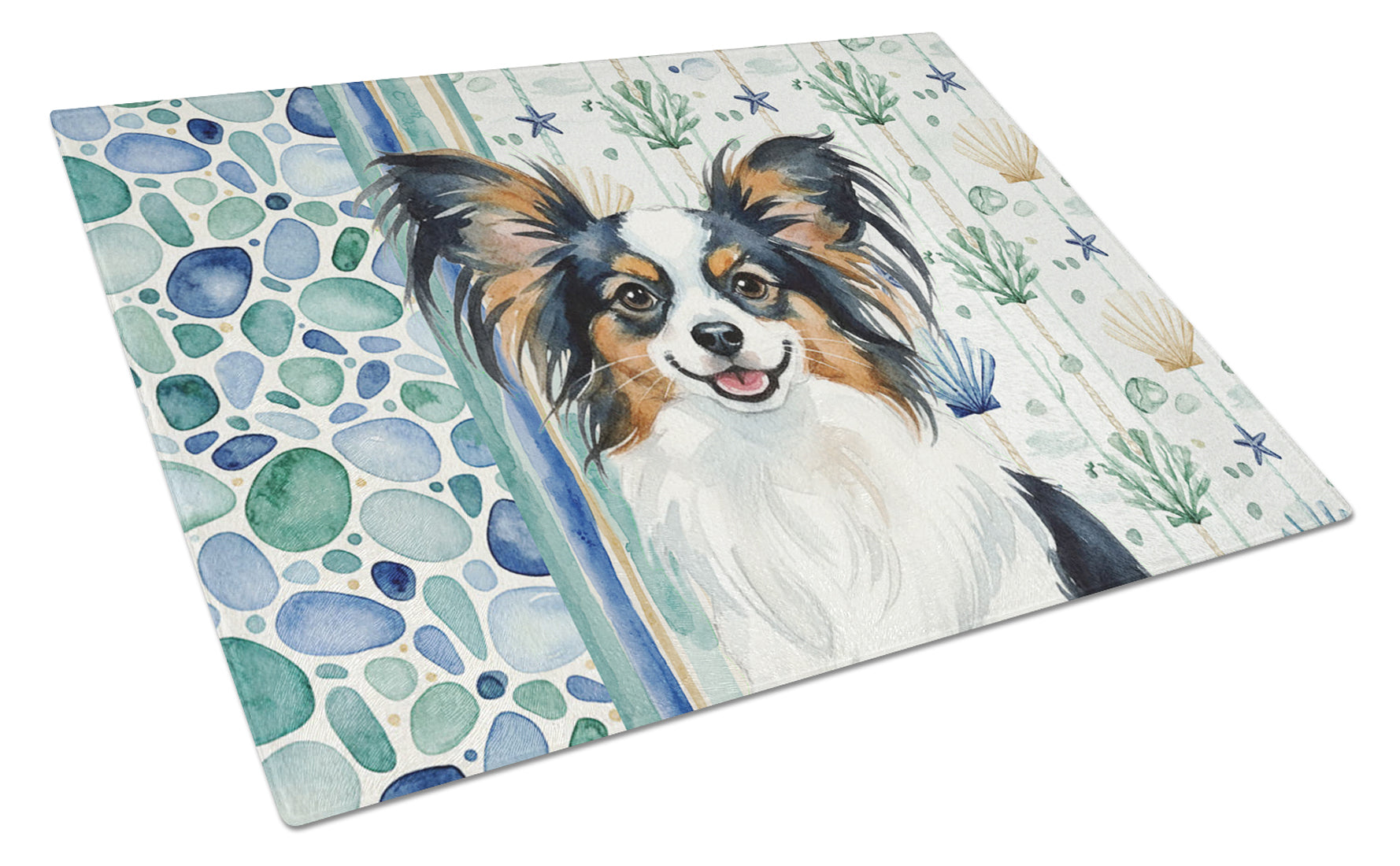 Tricolor Papillon Coastal Sea Glass Cutting Board Tempered Glass Kitchen Cutting Surface, Heat Resistant Chopping, Non-Slip Feet, Food Prep & Serving