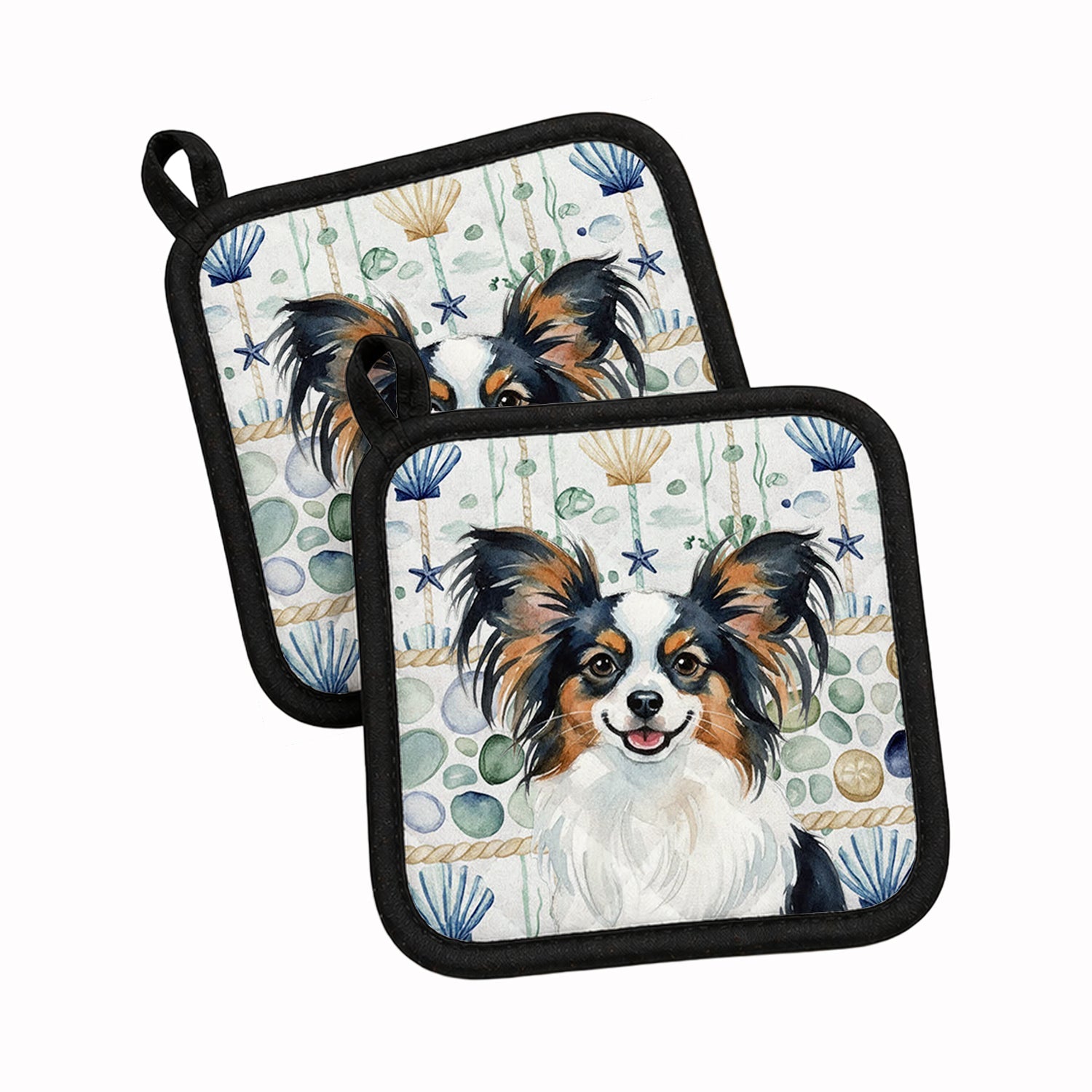 Tricolor Papillon Coastal Sea Glass Pot Holder Set of 2 Heat Resistant Quilted Hot Pads 7.5 x 7.5 Inch, Insulated Kitchen Trivets for Cooking & Baking